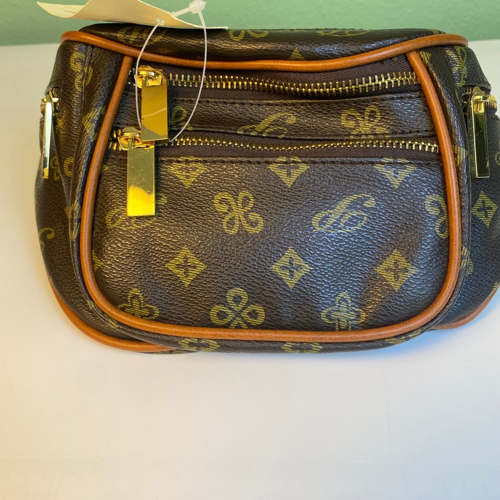 Flamingo Apparel Belt Bag Fanny Pack Brown Pattern Gold Zippers Adjustable Strap
